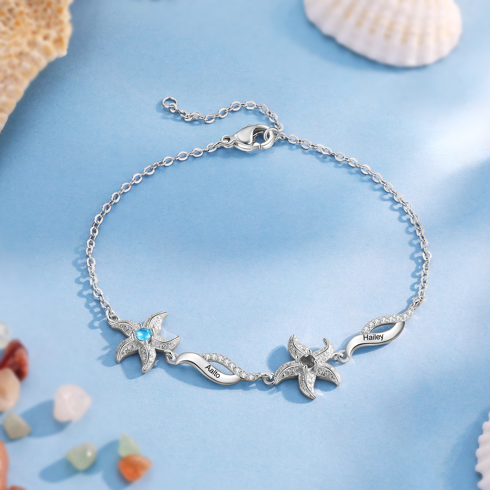Pulsera con dije de estrella de mar para mujer personalizada con 2 nombres y 2 piedras de nacimiento-Jessemade ES