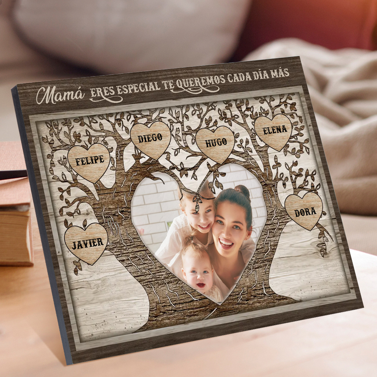 A familia - Lámina 2-9 nombres y 1 foto personalizados marco de madera árbol de la vida-Jessemade ES