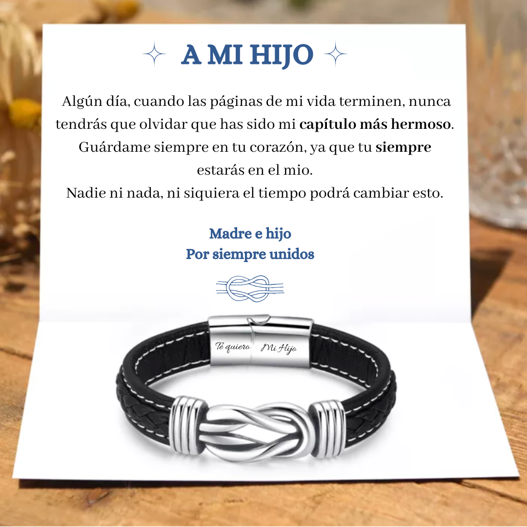 A mi hijo-Pulsera de Cuero Nudo Eterno de Acero Inoxidable con 2 Textos Personalizados