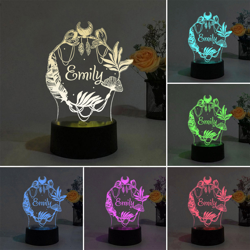 Lámpara 3D Ilusión Luz de noche de plumas LED Luces de colores personalizadas 1 nombre
