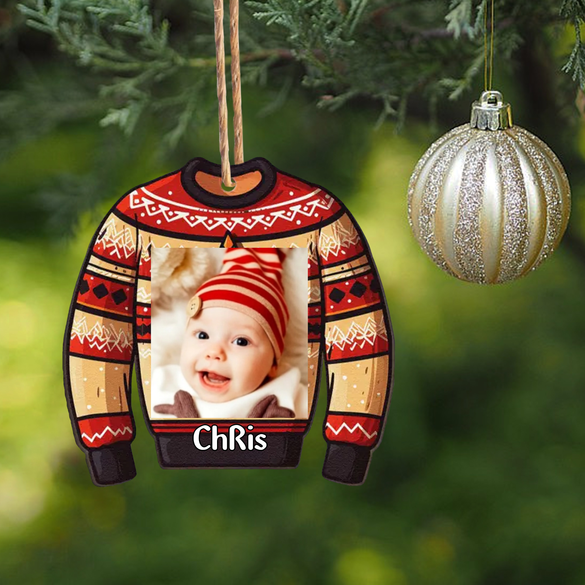 Navidad-Bebé Ornamento Navideño 1 nombre y foto personalizados en forma de suéter