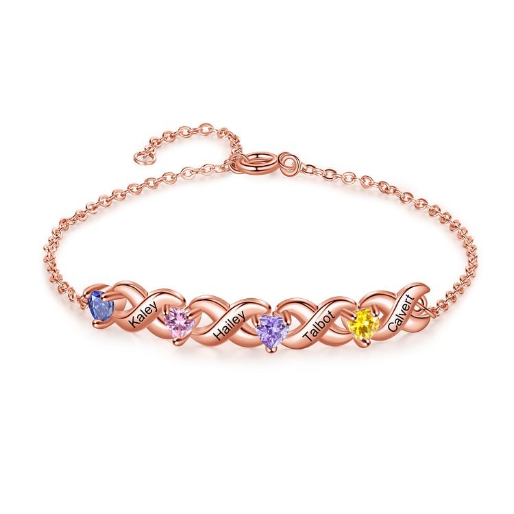 Pulsera infinito personalizada con 4 nombres y 4 piedras de nacimiento de corazón-Jessemade ES