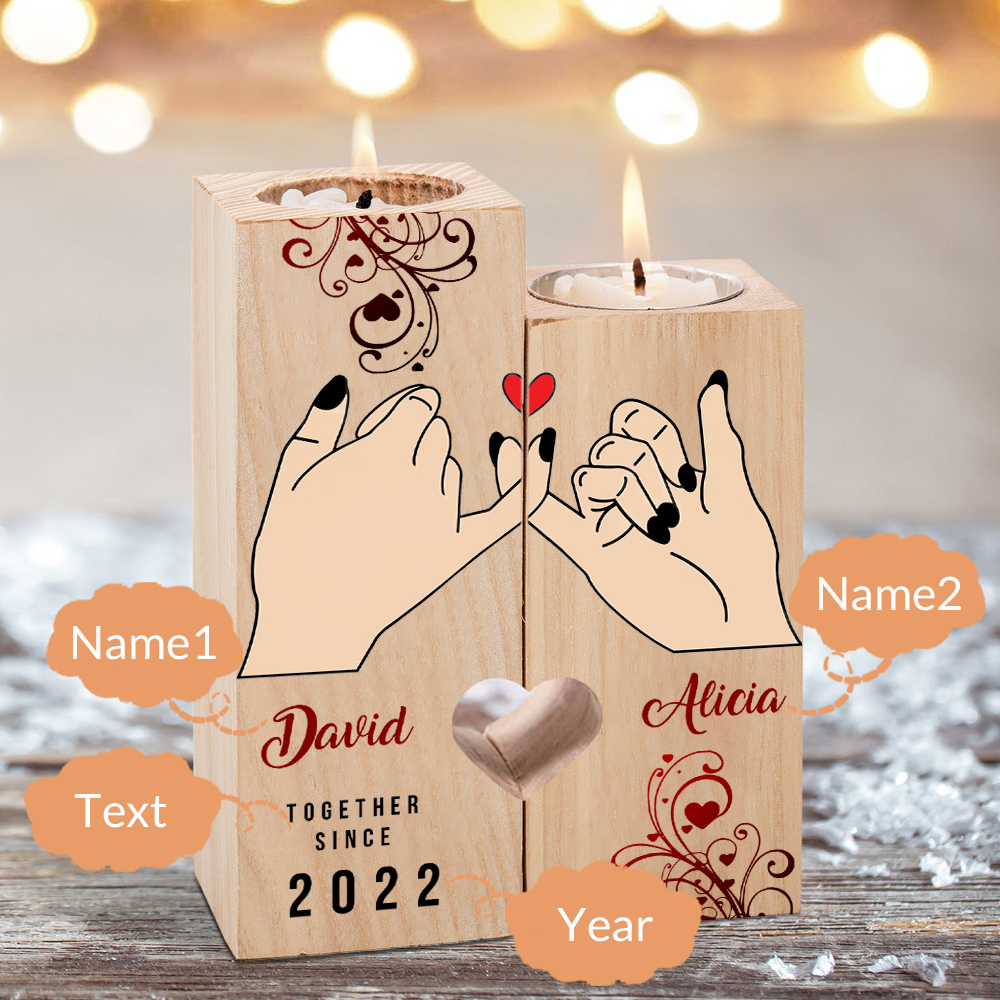 Candelero de dedos cogidos para pareja de madera de dos piezas sin candela con 2 nombres y texto personalizados y año-Jessemade ES