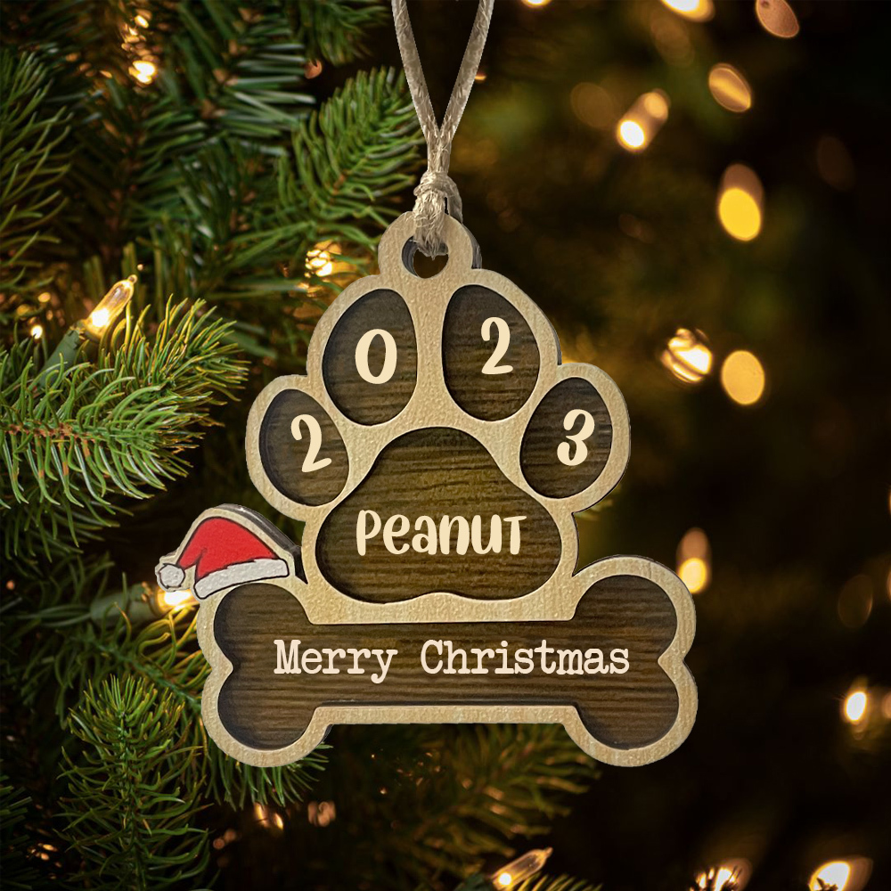 Navidad-Ornamento navideño de madera pata de perro con hueso con 1 nombre y 1 texto personalizados
