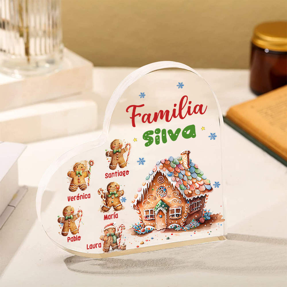 Navidad - Placa de acrílico en forma de corazón jengibres y su casa con 5 nombres y 1 texto personalizados-Jessemade ES
