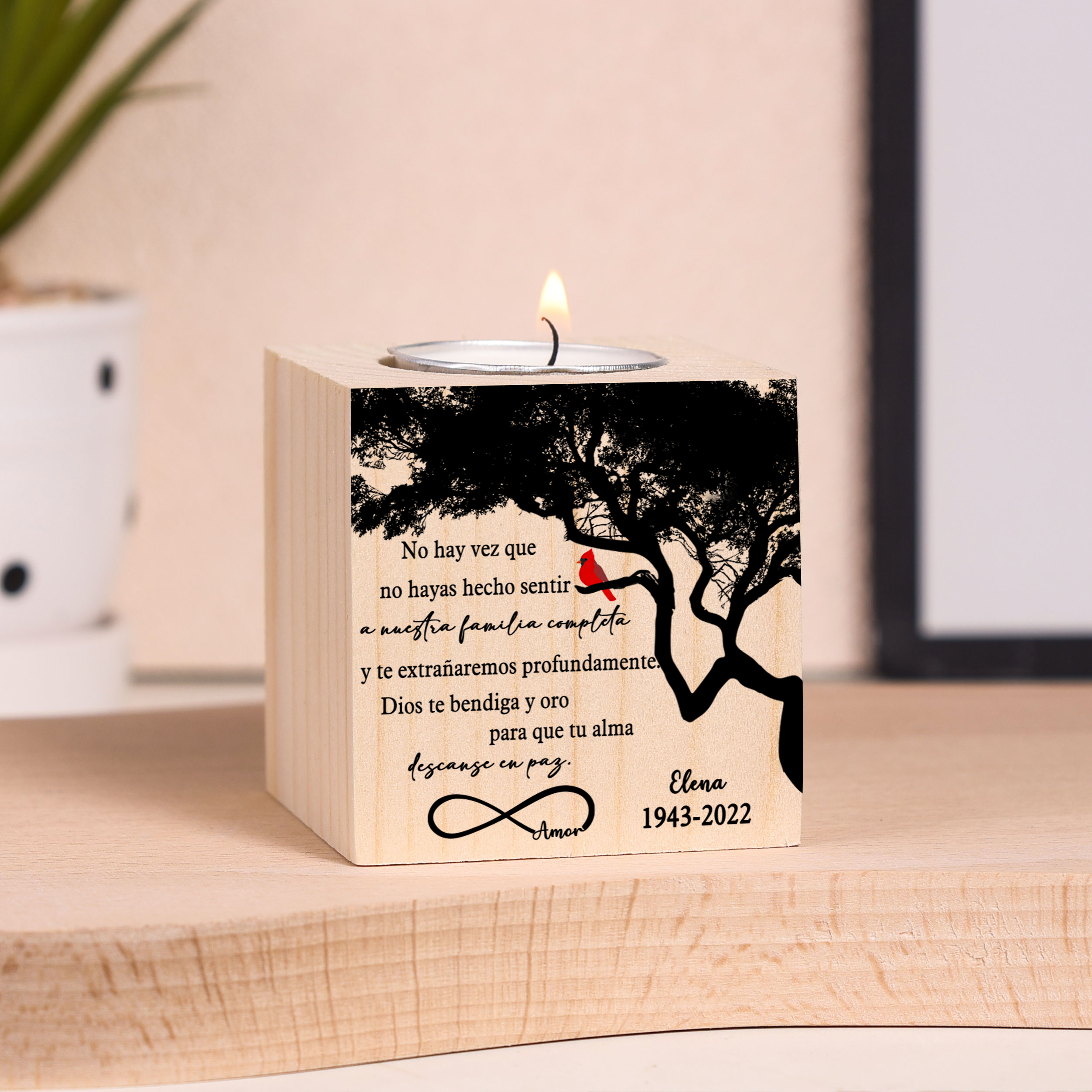 Navidad en el paraíso-Candelero en memoria de ser querido personalizado con nombre y años de madera sin vela-Jessemade ES
