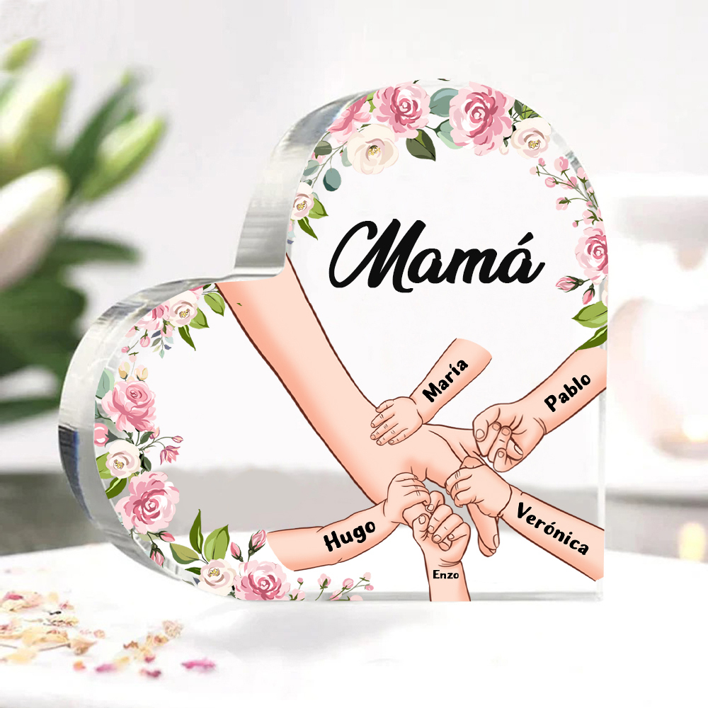 A mi mamá/abuela-Placa de acrílico en forma de corazón mano a mano con 1 texto y 5 nombres personalizados | Jessemade