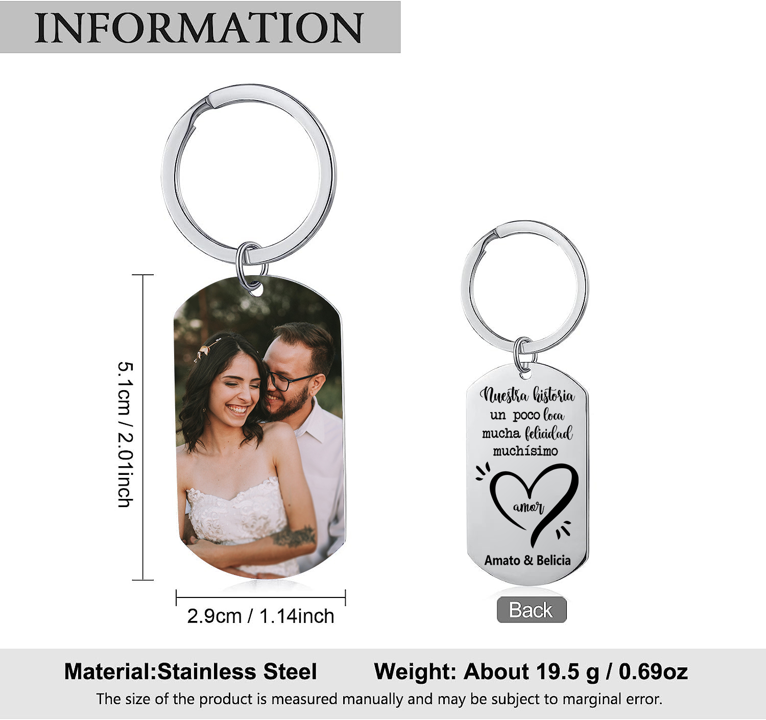 Llavero personalizado con foto y texto para pareja