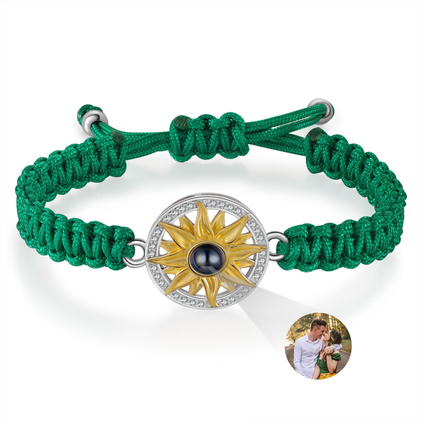 Pulsera con proyección de foto con dije de girasol cuerda verde-Jessemade ES