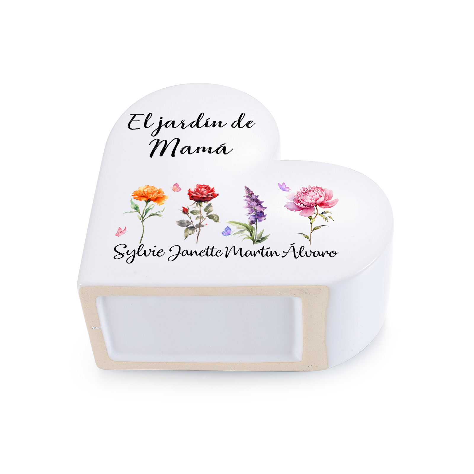 Jarrón de cerámica en forma de corazón personalizado con 1 a 12 flores de nacimiento y nombres de niños