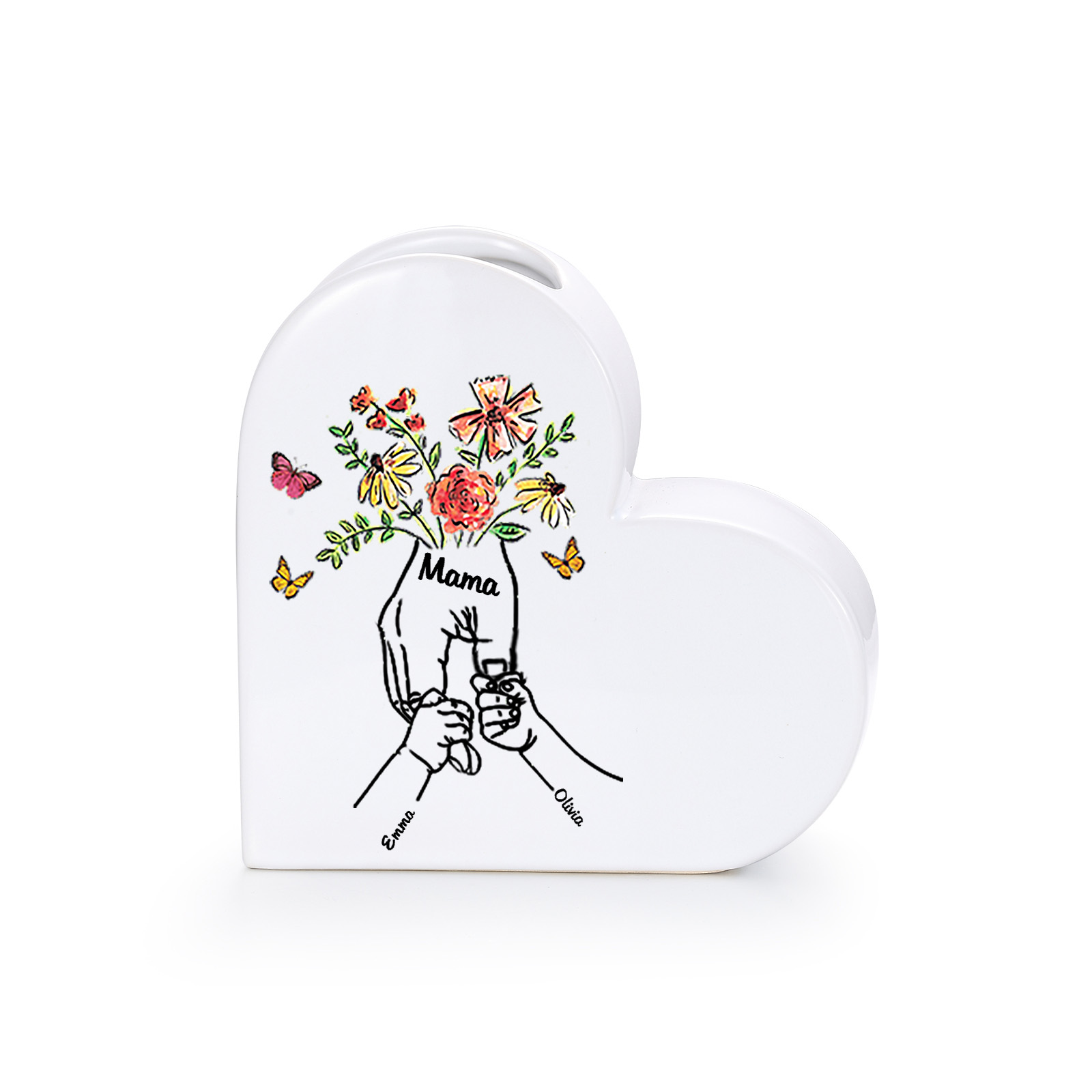 Jarrón de cerámica en forma de corazón personalizado con texto y de 2 a 8 nombres para mamá o abuela