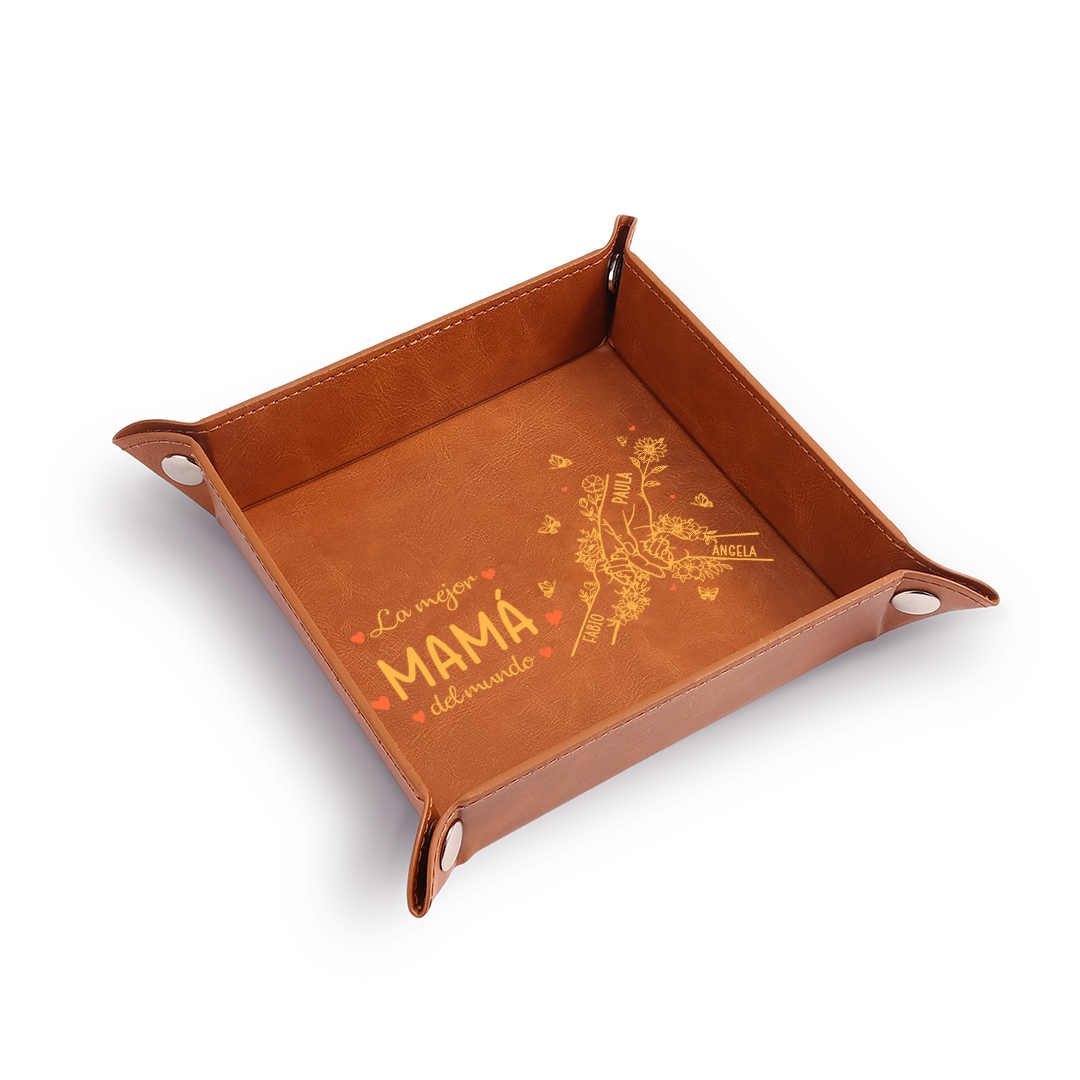Bandeja vaciabolsillos de cuero personalizada con 2–7 nombres, el mejor regalo para mamá del mundo