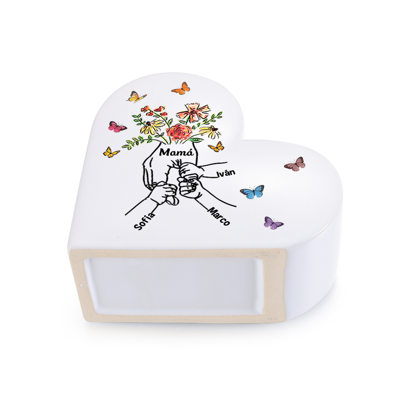 Jarrón corazón de cerámica personalizado (2–8 nombres), motivo «De la mano», regalo para mamá o abuela