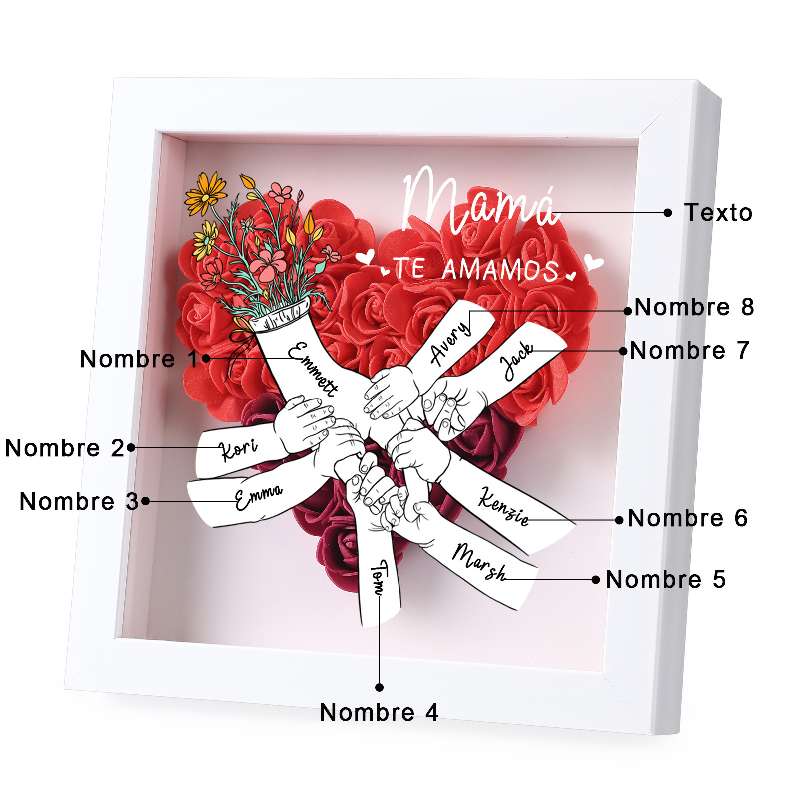A mi mamá/abuela-Marco de flores de madera mano con mano personalizado con 8 nombres y 1 texto | Jessemade