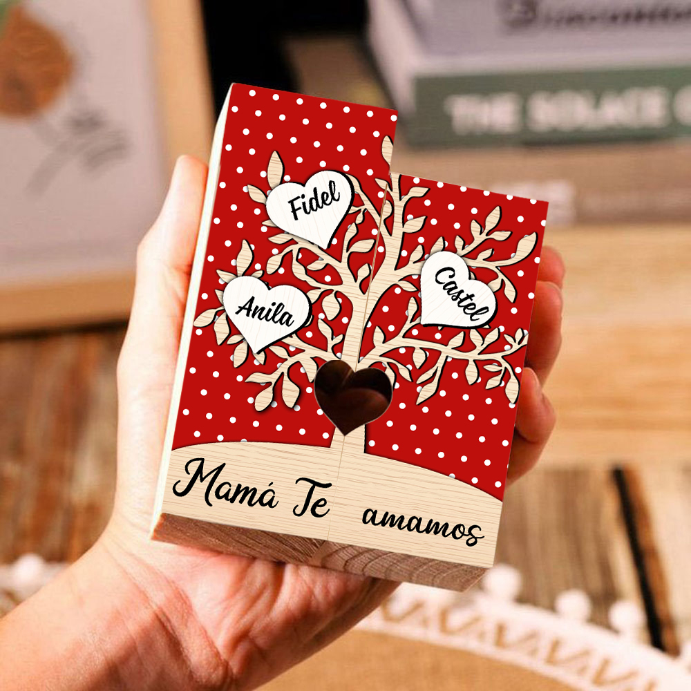 A la familia-Candelero de árbol de la vida de madera personalizado con 3-8 nombres y 1 texto sin vela-Jessemade ES