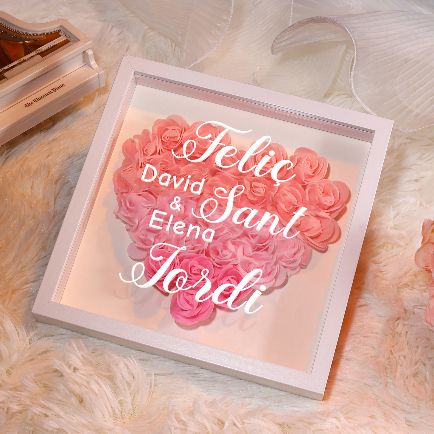 Sant Jordi-Adorno de madera de flores personalizado con 2 nombres-Jessemade ES
