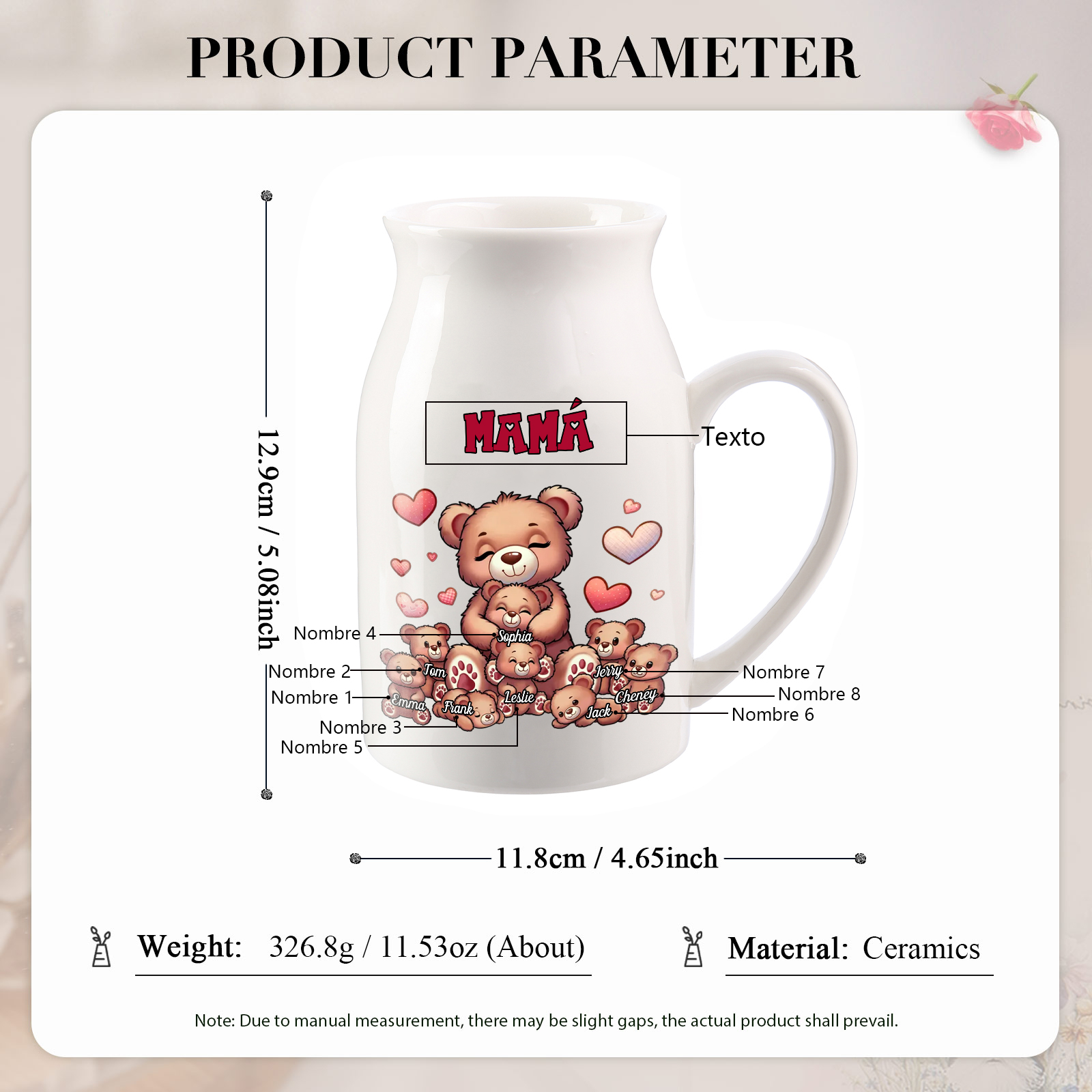 Florero de cerámica mamaosa y sus bebés 2-8 nombres personalizados con texto decoración del hogar-Jessemade ES