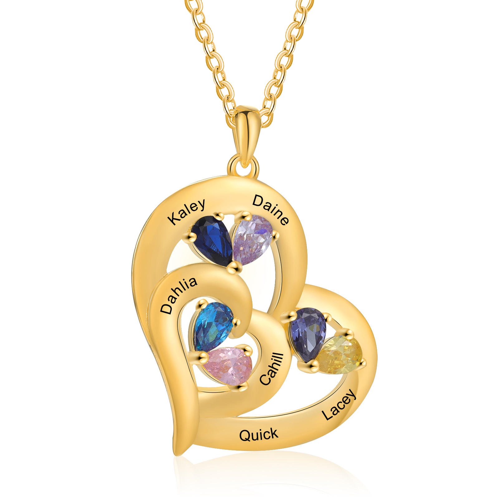 Collar corazón con 1-6 nombres personalizados y 1-6 piedras de nacimiento-Jessemade ES