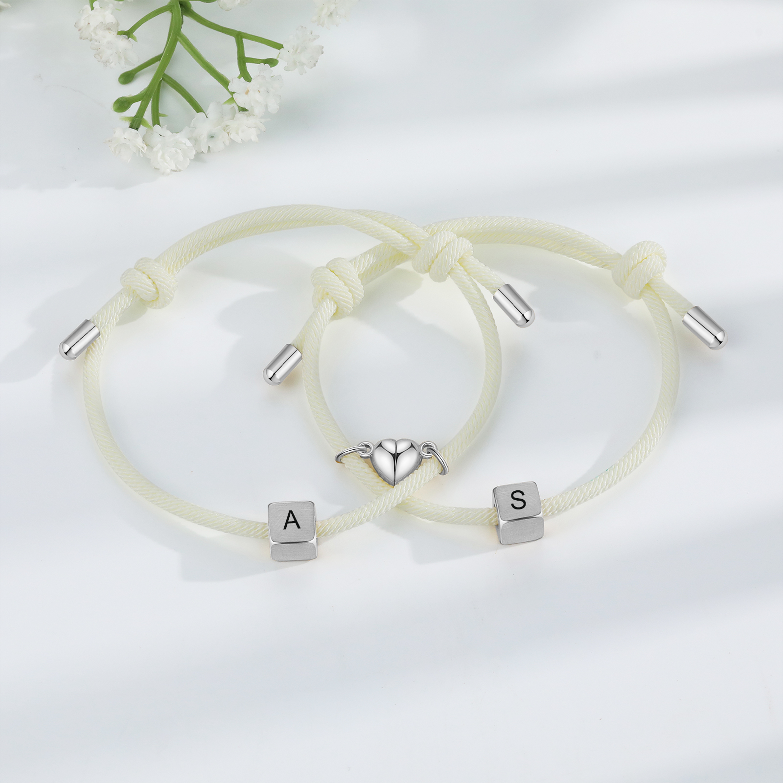 Pulseras de cuerda personalizadas para pareja con dije de corazón magnético grabado de dos letras-Jessemade ES
