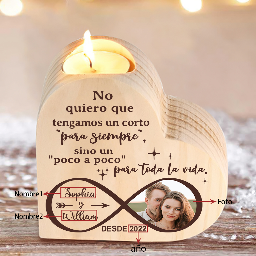Candelero de madera infinito para pareja sin vela personalizado con 2 nombres, año y foto-Jessemade ES
