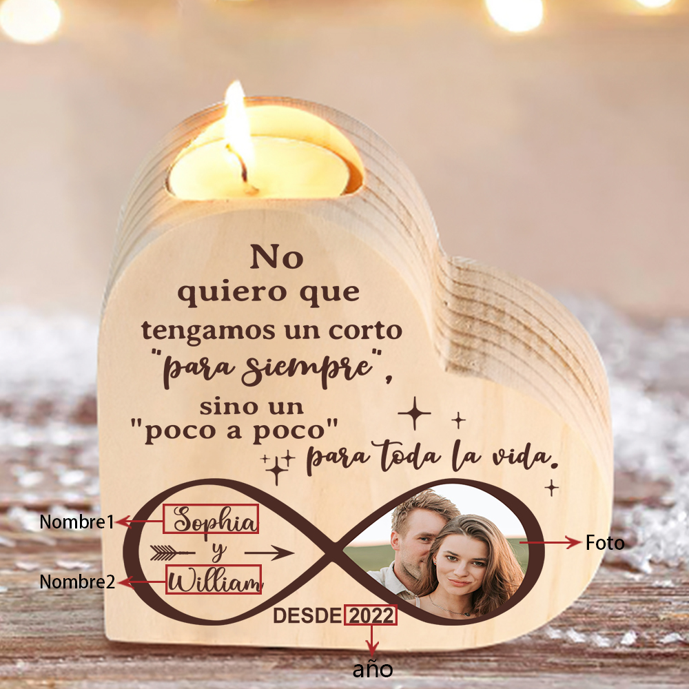 Candelero de madera infinito para pareja sin vela personalizado con 2 nombres, año y foto-Jessemade ES