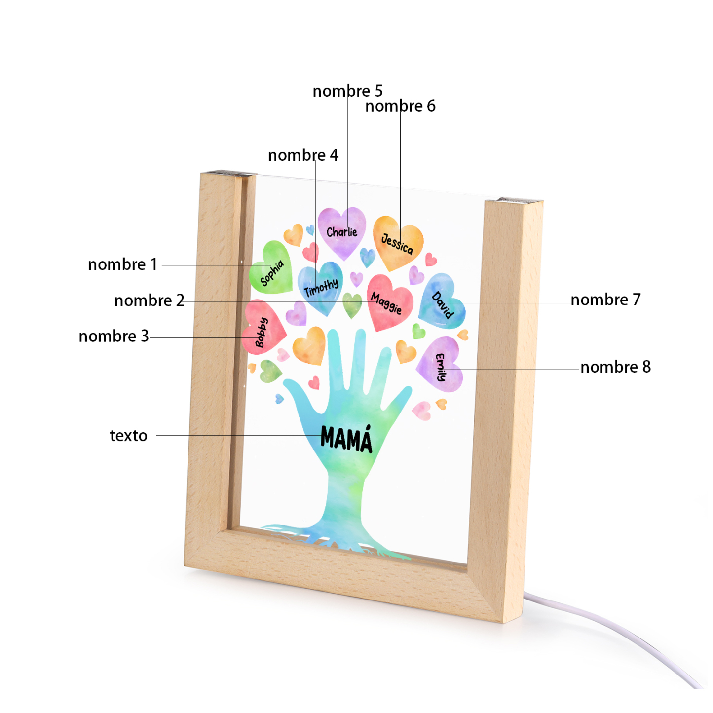 A mi mamá/abuela-Lámpara Personalizada con 2-8 Nombres y Texto "árbol y corazones" 3D Ilusión Luz de Noche-Jessemade ES