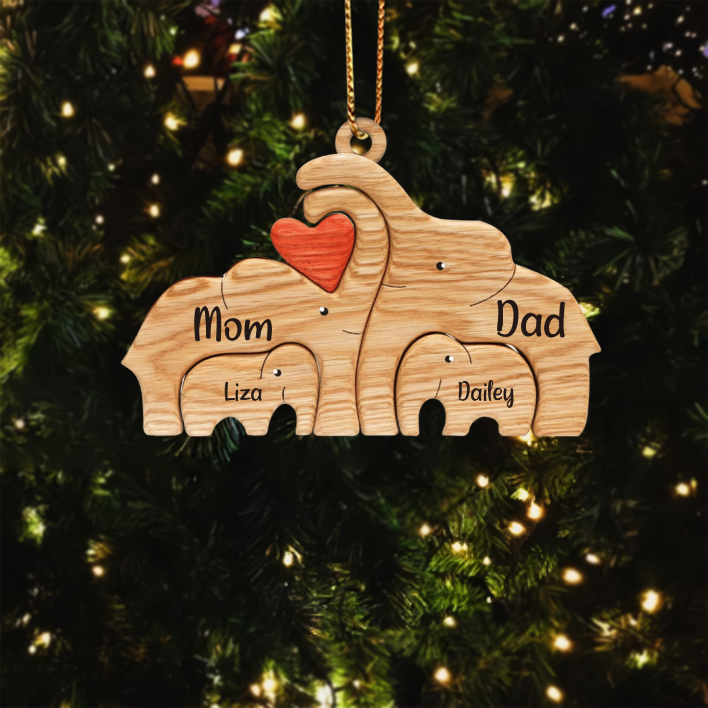 Navidad-Ornamento muñecos navideño de madera familia de elefantes 4 nombres personalizados adorno del árbol-Jessemade ES