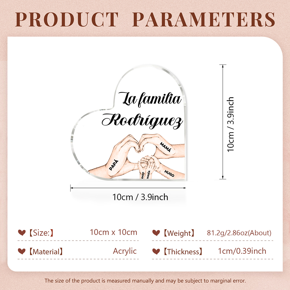 Placa de acrílico en forma de corazón mano a mano con 1 texto y 5 nombres personalizados-Jessemade ES