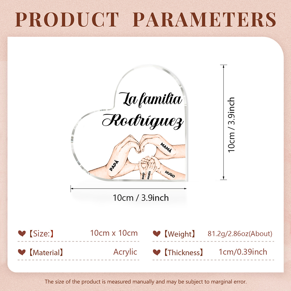 Placa de acrílico en forma de corazón mano a mano con 1 texto y 5 nombres personalizados-Jessemade ES