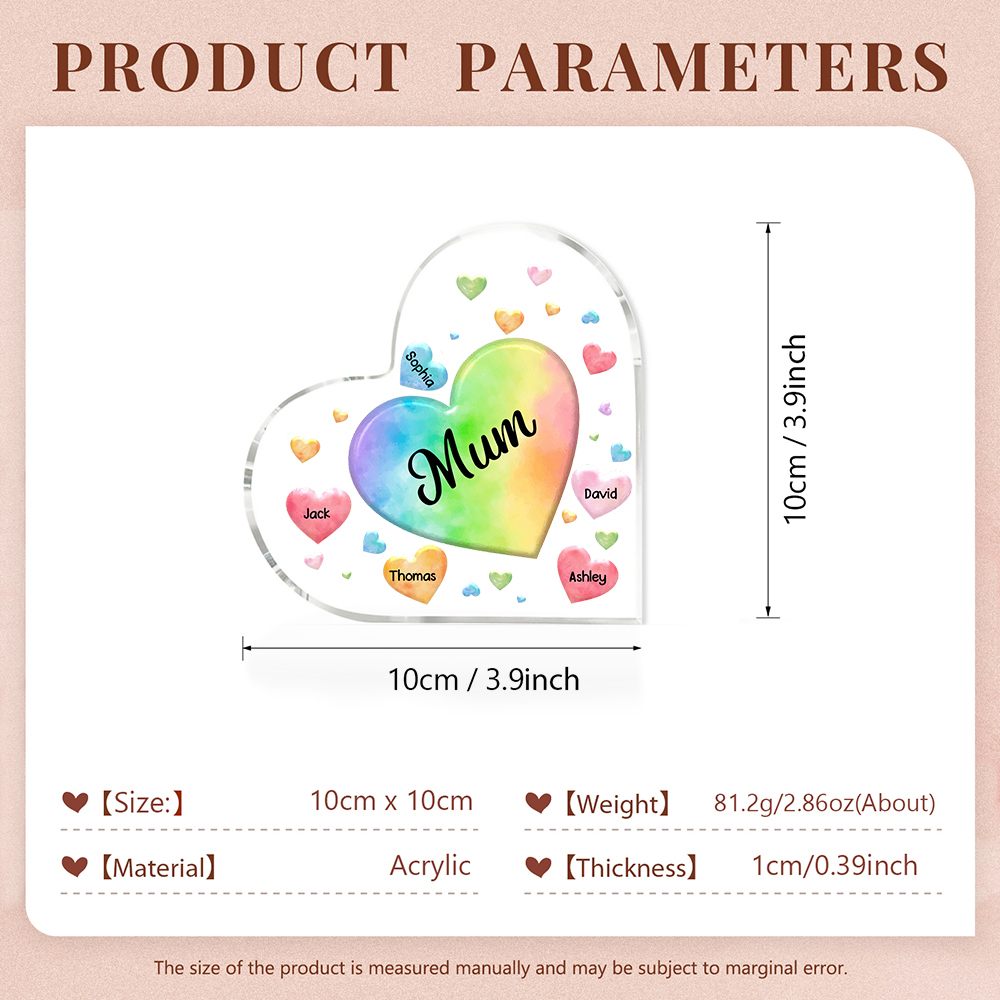 A mi mamá/abuela-Placa de acrílico "Corazones" en forma de corazón 5 nombres y 1 texto personalizados-Jessemade ES