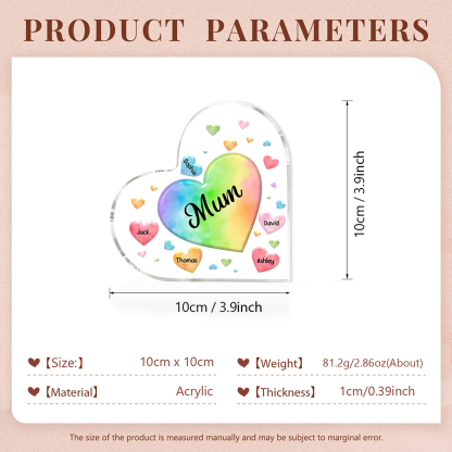 A mi mamá/abuela-Placa de acrílico "Corazones" en forma de corazón 5 nombres y 1 texto personalizados-Jessemade ES