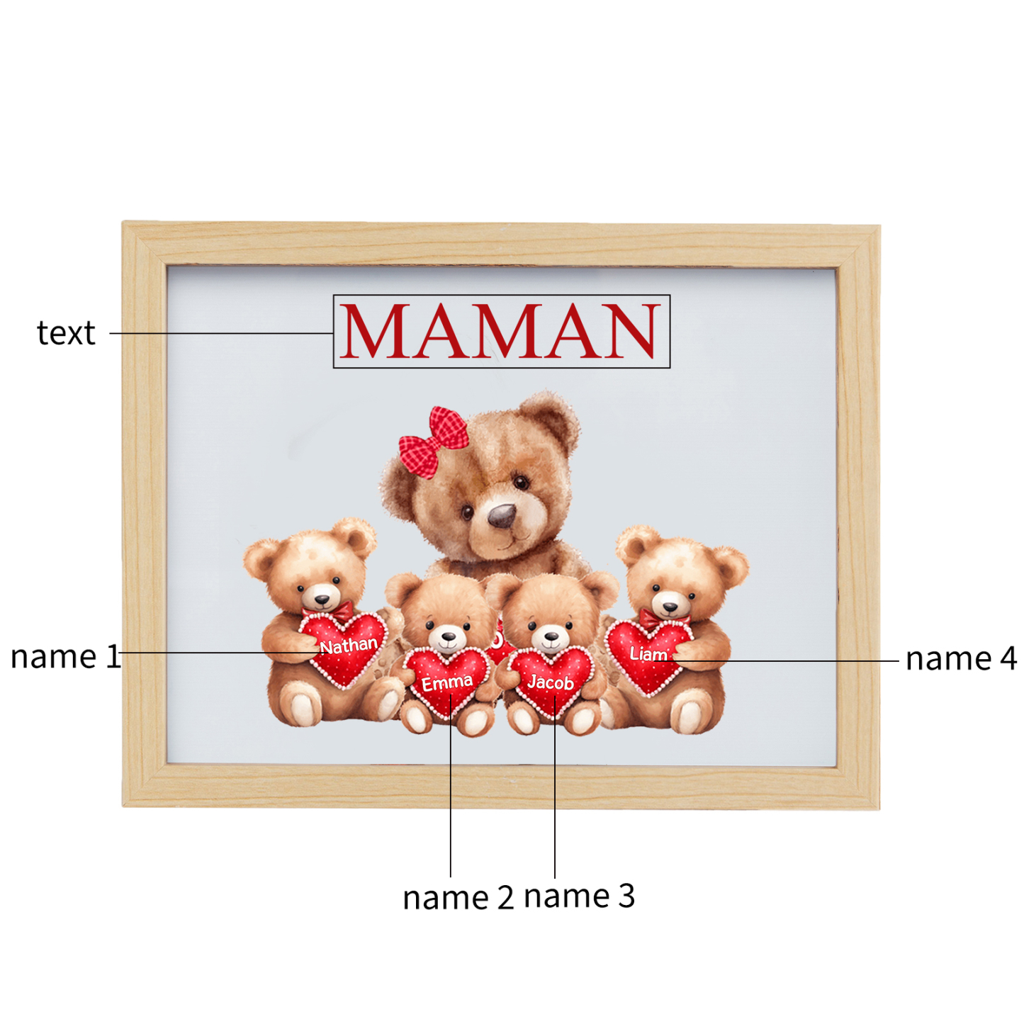 Marco con LED Familia de Osos 1-4 Nombres Personalizados con 1 Texto-Jessemade ES