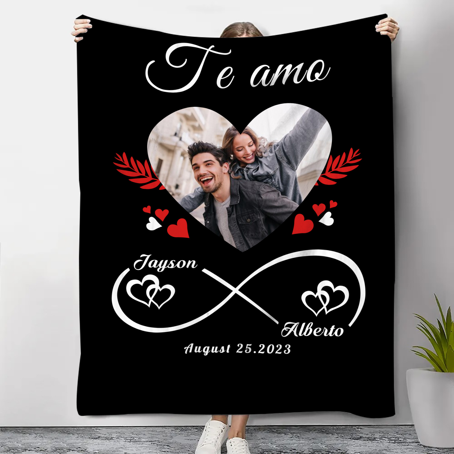 Pareja-Manta de buen calidad de nudo infinito y foto personalizada con nombres y fecha-Jessemade ES