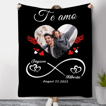 Pareja-Manta de buen calidad de nudo infinito y foto personalizada con nombres y fecha-Jessemade ES