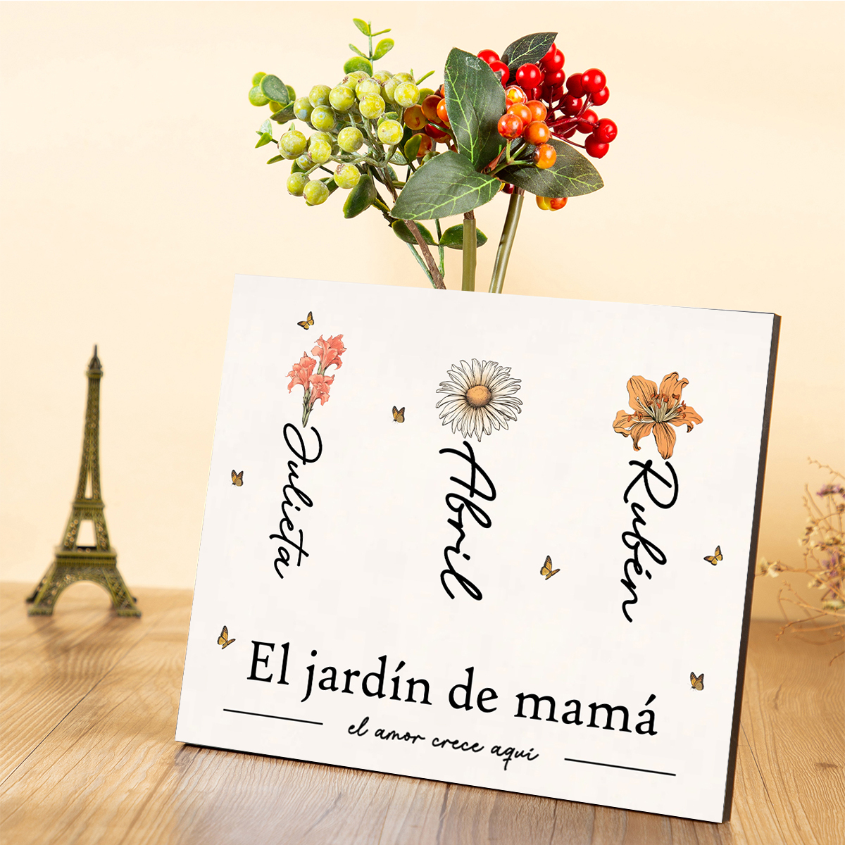 A familia - Lámina 1-12 nombres y flores personalizados con 1 texto marco de madera-Jessemade ES