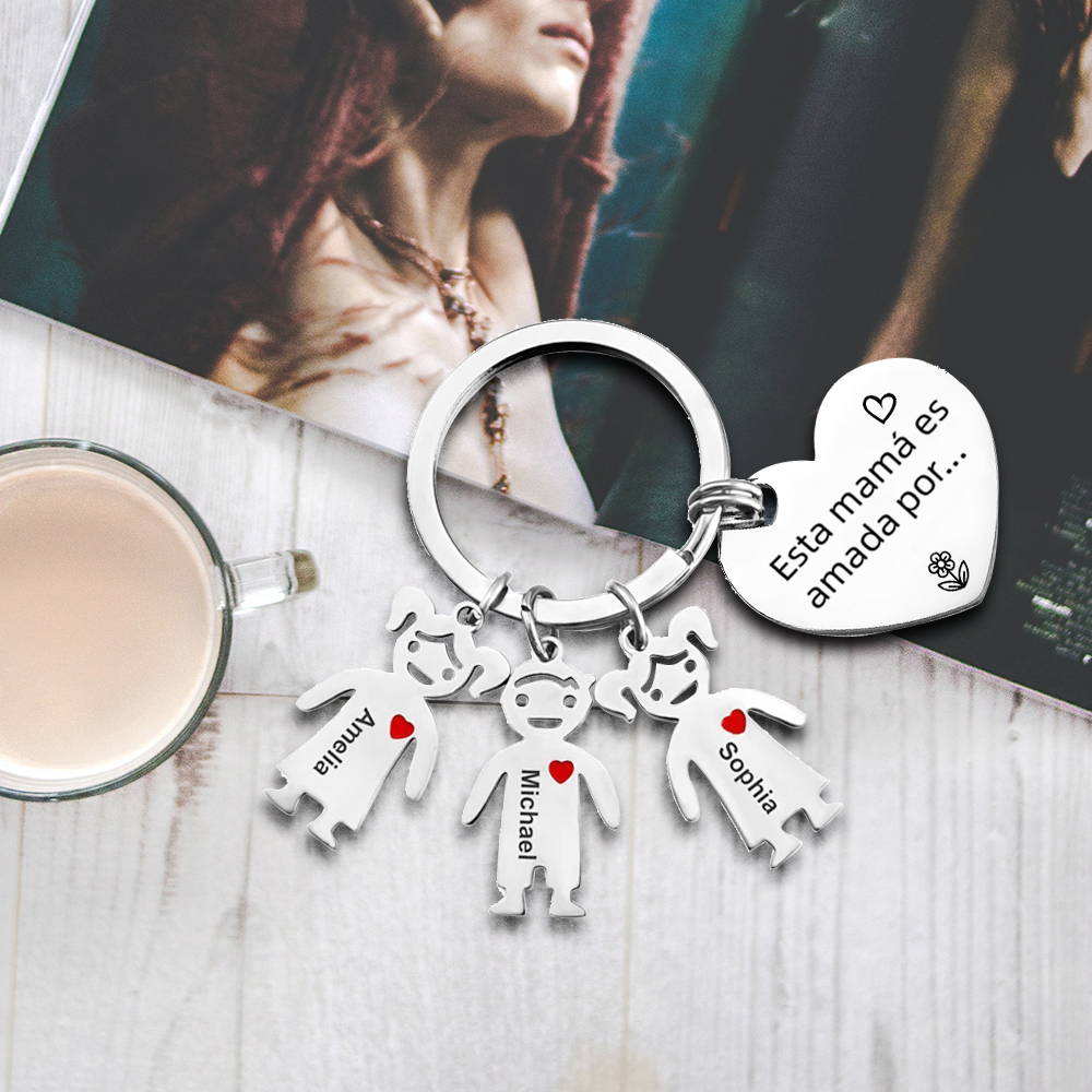 A mi mamá - Kit de regalo de cartera, llavero con "3 niños", tarjeta y caja nombre y flor de nacimiento personalizados | Jessemade