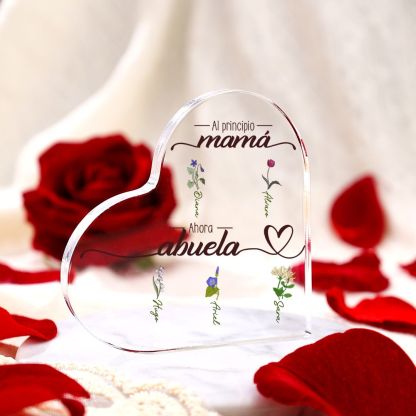 Abuela - Placa de acrílico en forma de corazón 2-10 nombres y flores personalizados