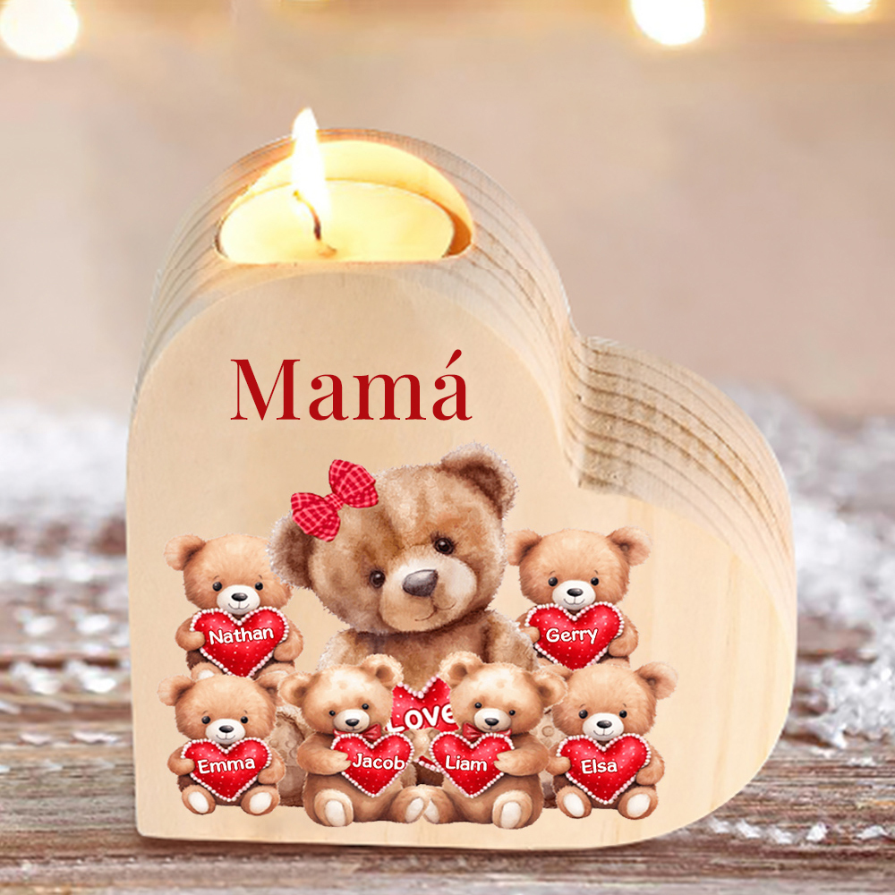 A mi mamá/abuela-Candelero osos 1-6 nombres y 1 texto personalizados en forma de corazón de madera sin candela-Jessemade ES