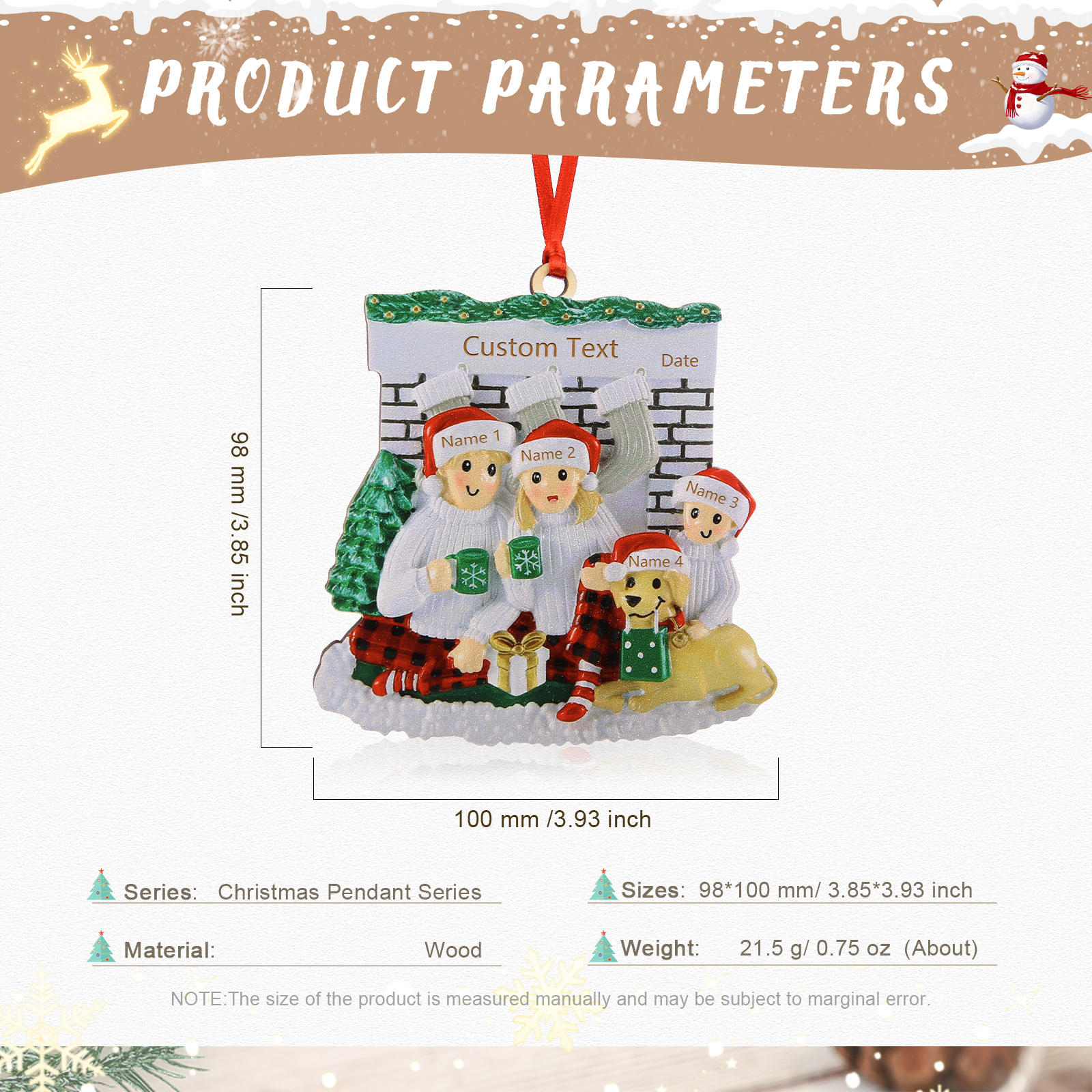 Navidad-Muñecos Ornamentos Navideños Familia con Perro 3-5 Nombres, Año y Texto Personalizados Adorno de Madera-Jessemade ES