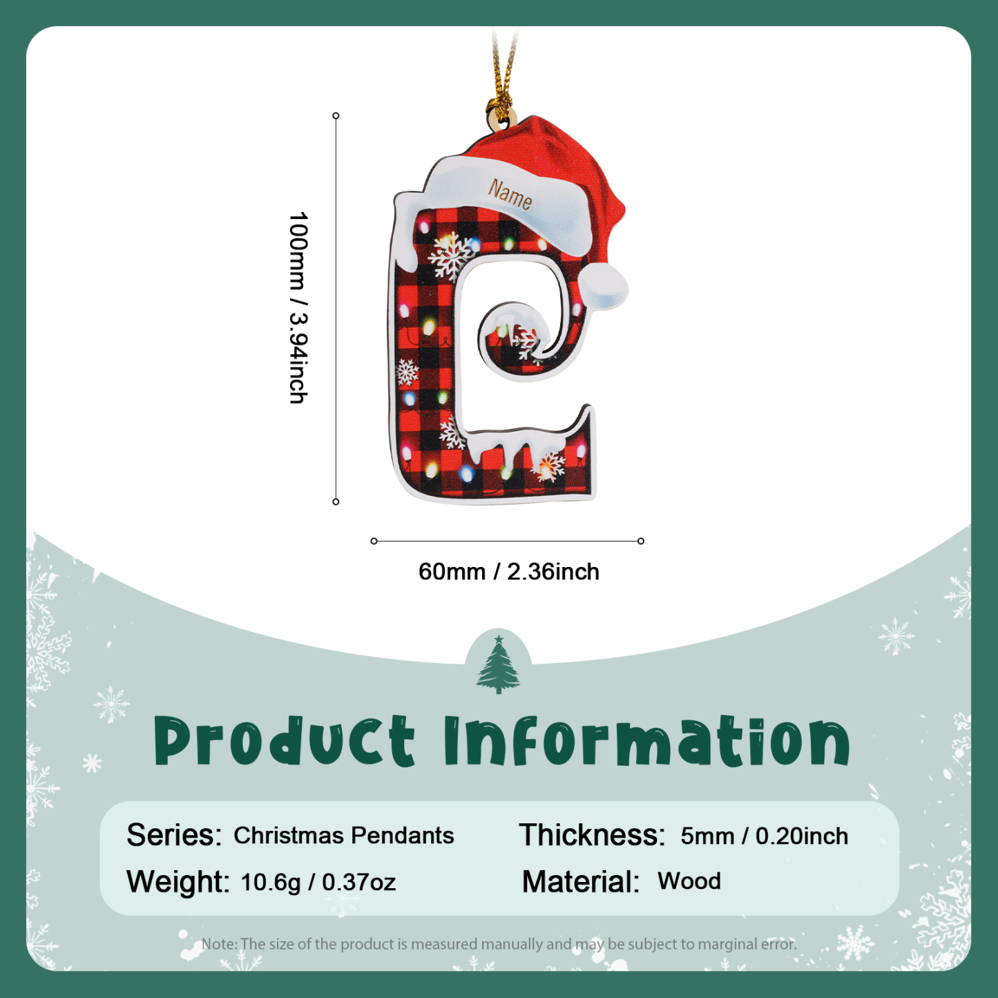 Navidad-Ornamentos Navideños de Madera Letra 1 Nombre Personalizado