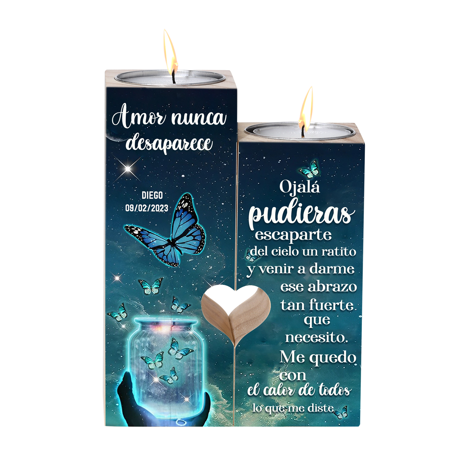 Candelero de dos piezas en memoria de ser querido de madera nombre y año personalizados sin vela-Jessemade ES