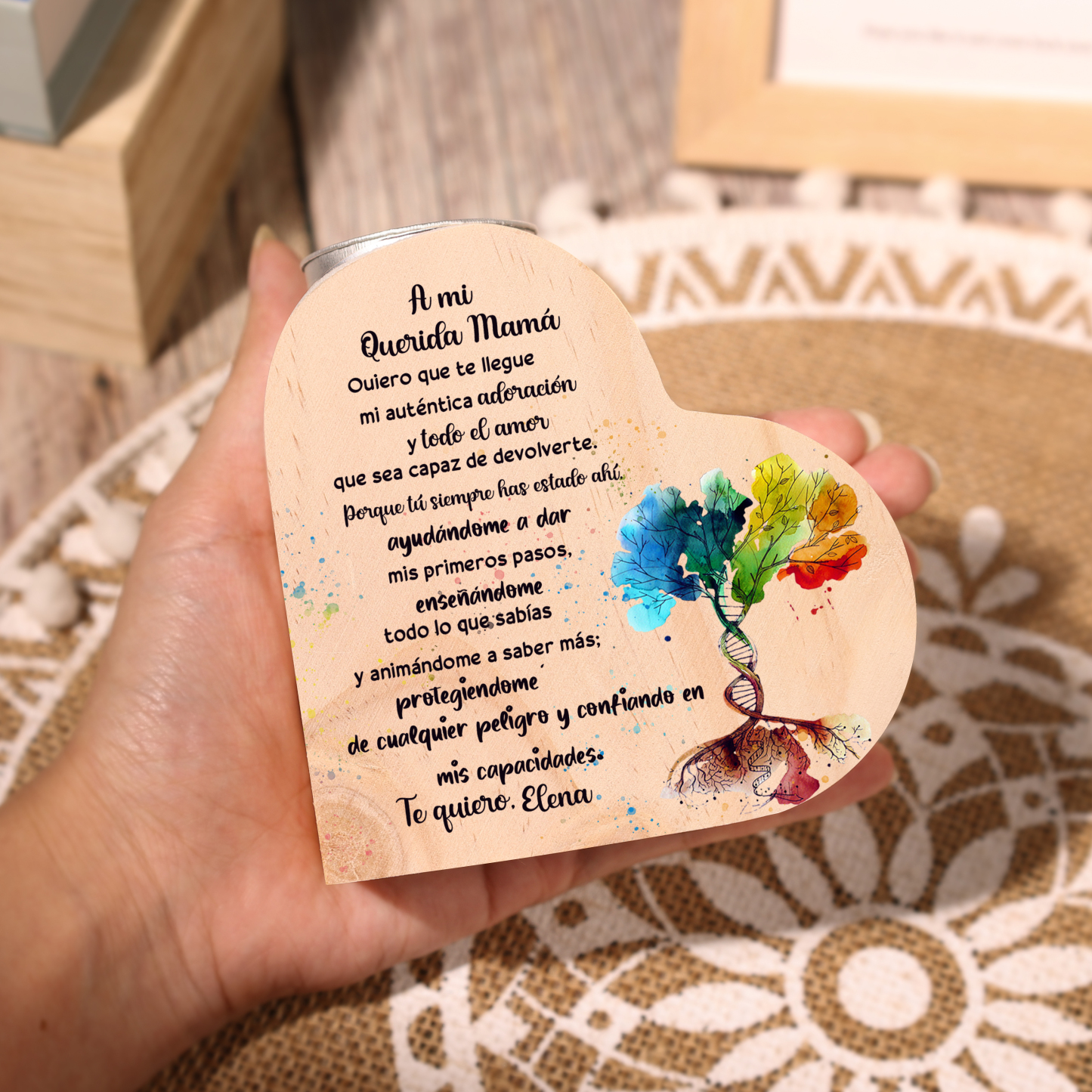 A mi mamá-Candelero con nombre personalizado en forma de corazón de madera sin candela-Jessemade ES