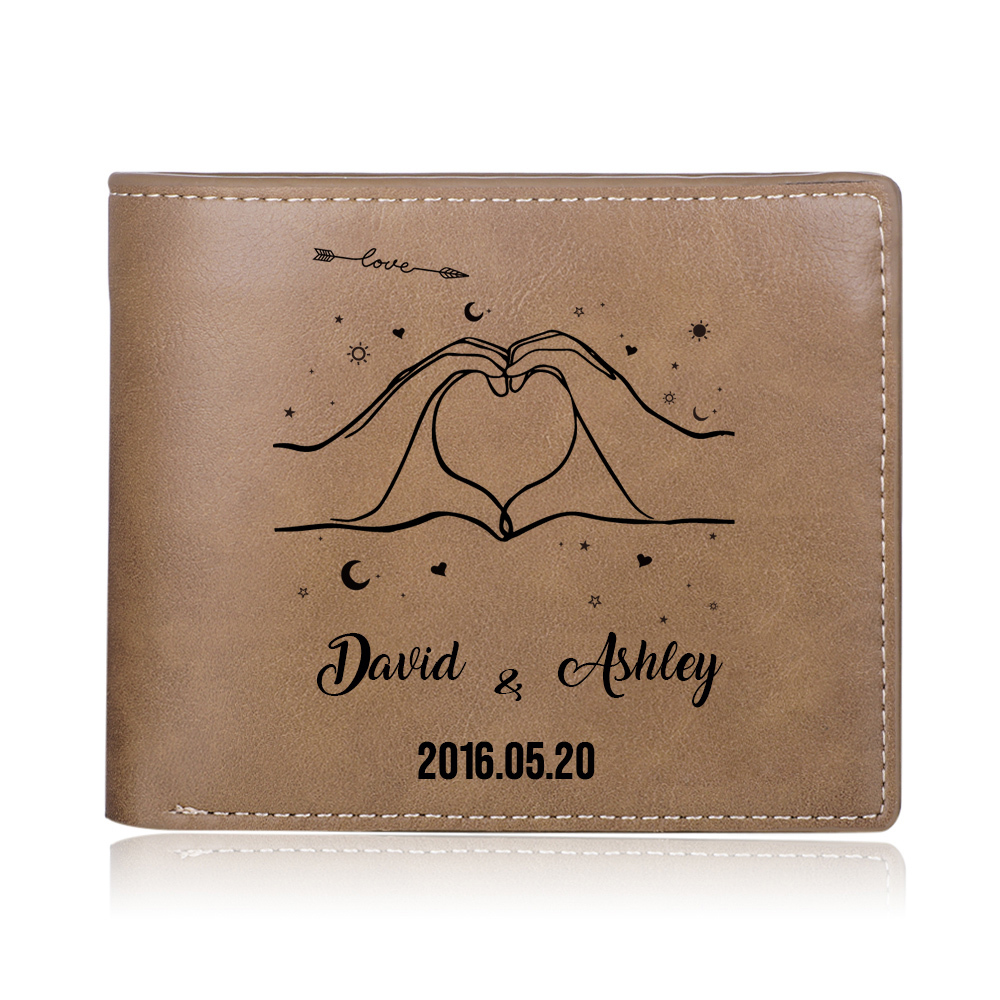 Cartera, billetera posando corazón con manos para pareja personalizada con 2 nombres y fecha-Jessemade ES