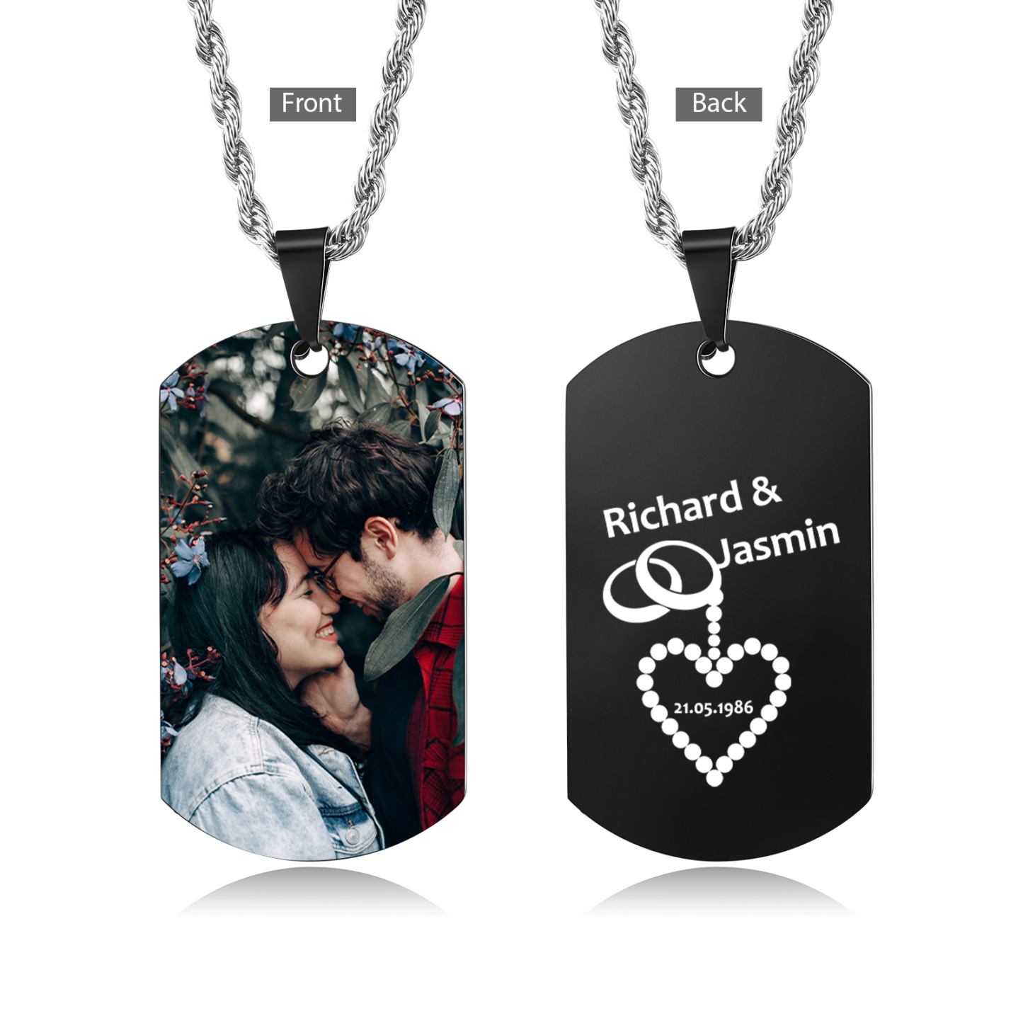 Collar de placa con foto personalizado con 2 nombres, fecha en la trasera para hombre-Jessemade ES