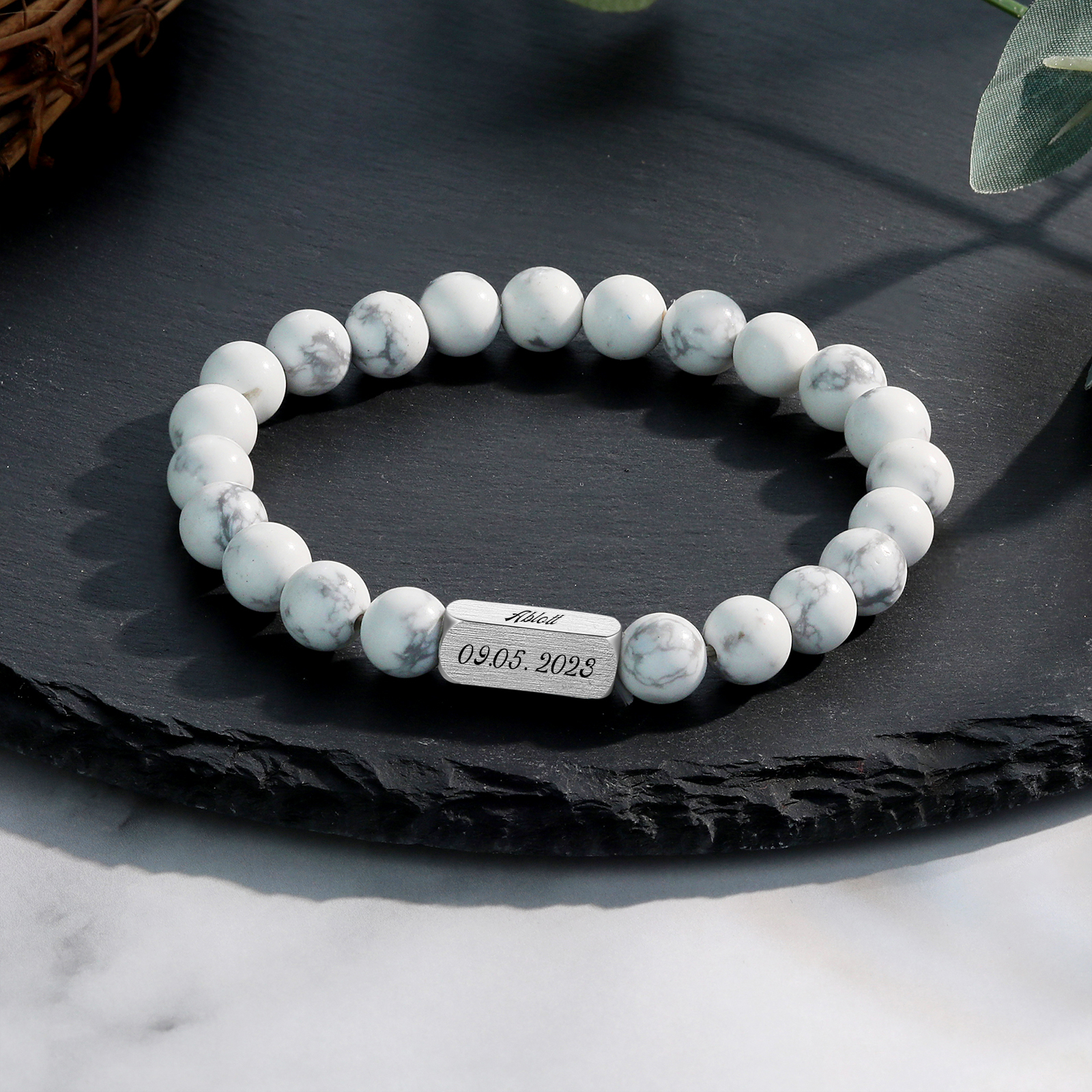 Pulsera de perlas personalizada con nombre y fecha para hombre-Jessemade ES