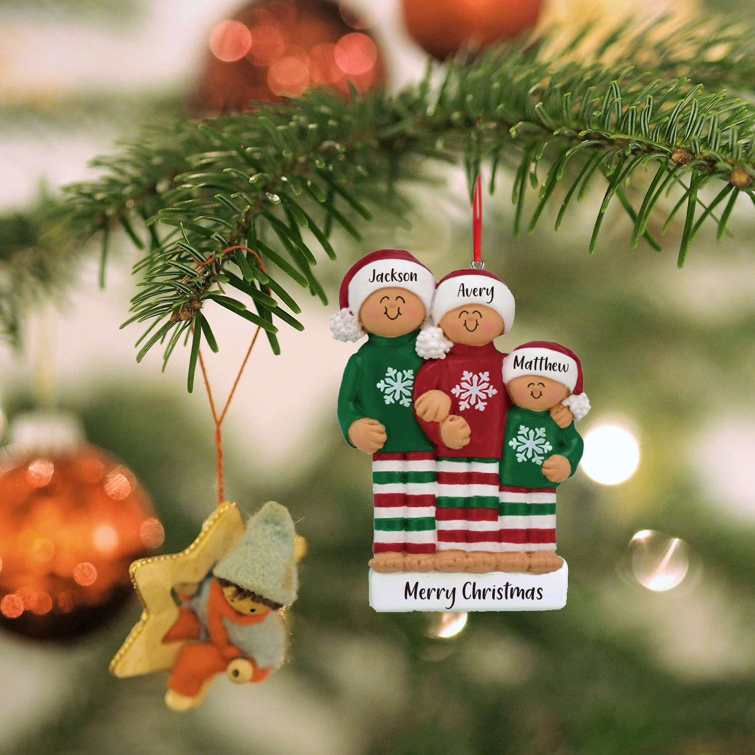 Ornamento muñecos navideño de madera 3 nombres y 1 texto personalizados adorno del árbol
