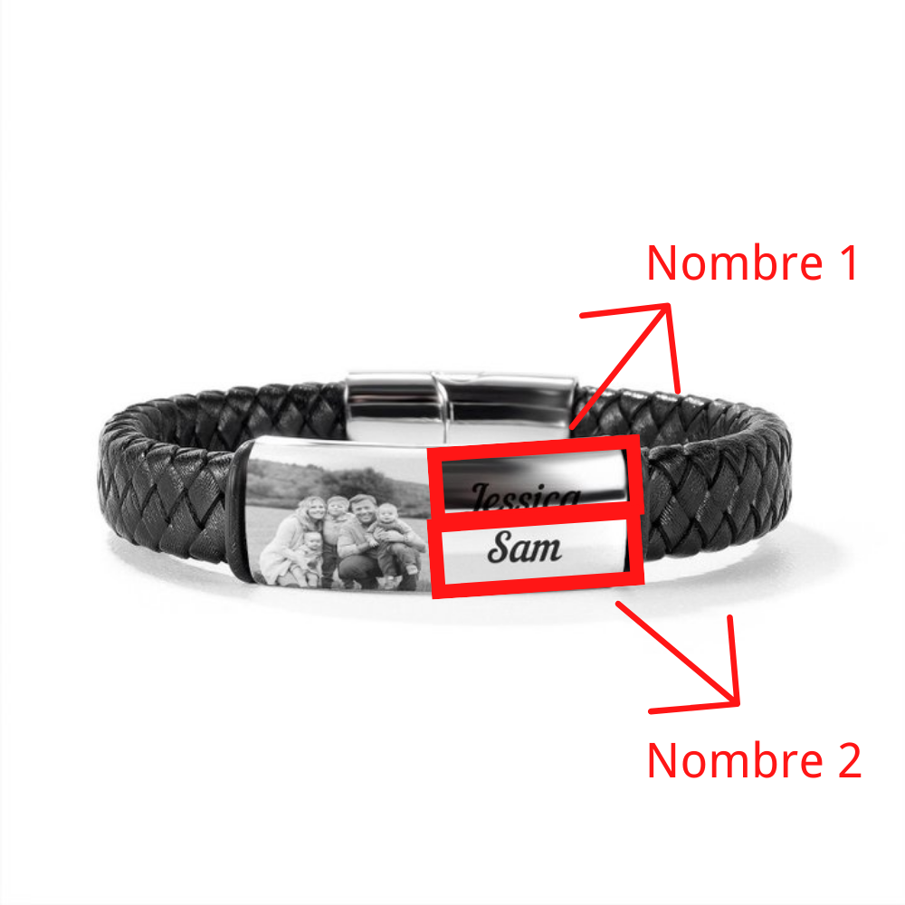 A mi papá-Pulsera de cuero trenzado personalizada con 2 nombres y 1 foto para hombre-Jessemade ES