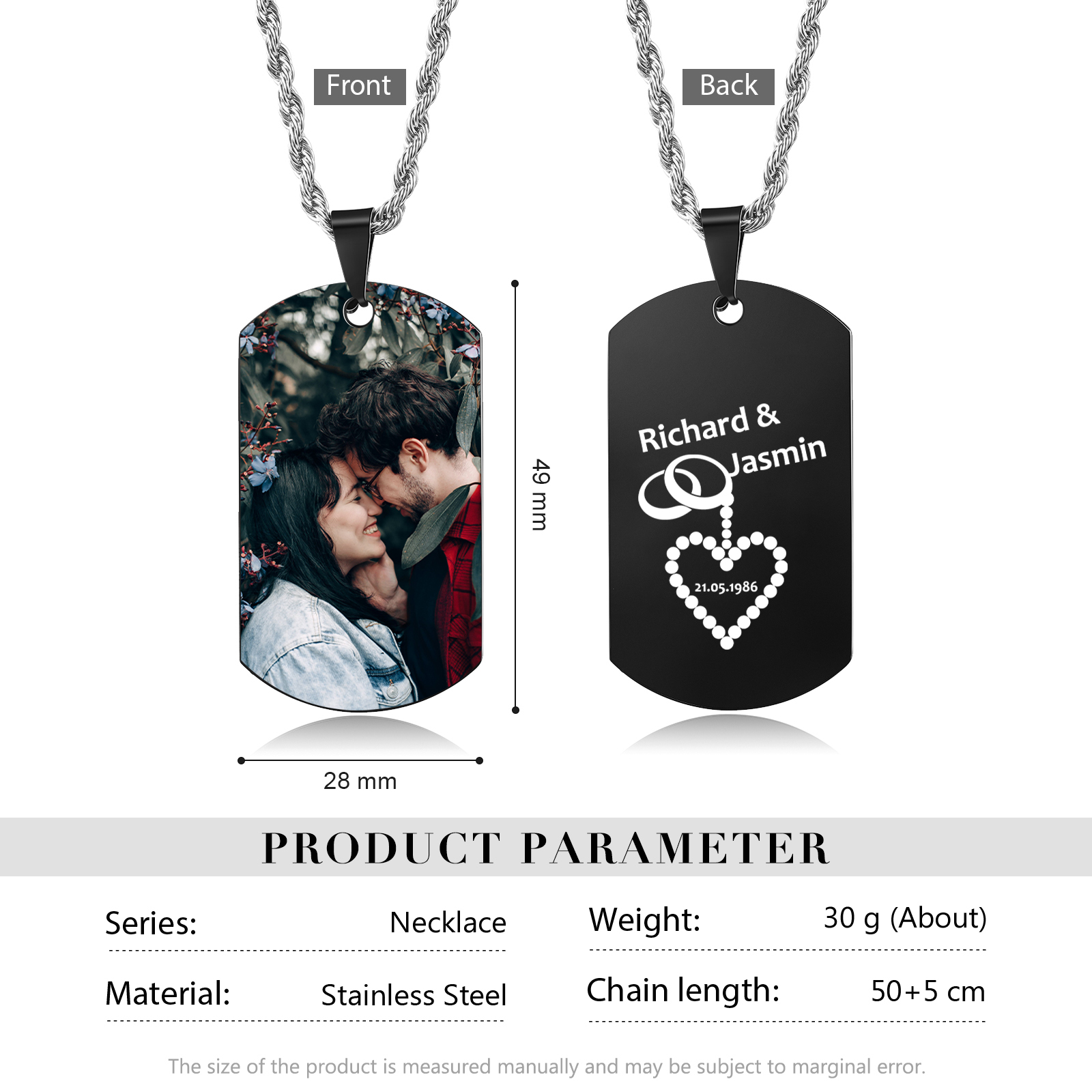Collar de placa con foto personalizado con 2 nombres, fecha en la trasera para hombre-Jessemade ES