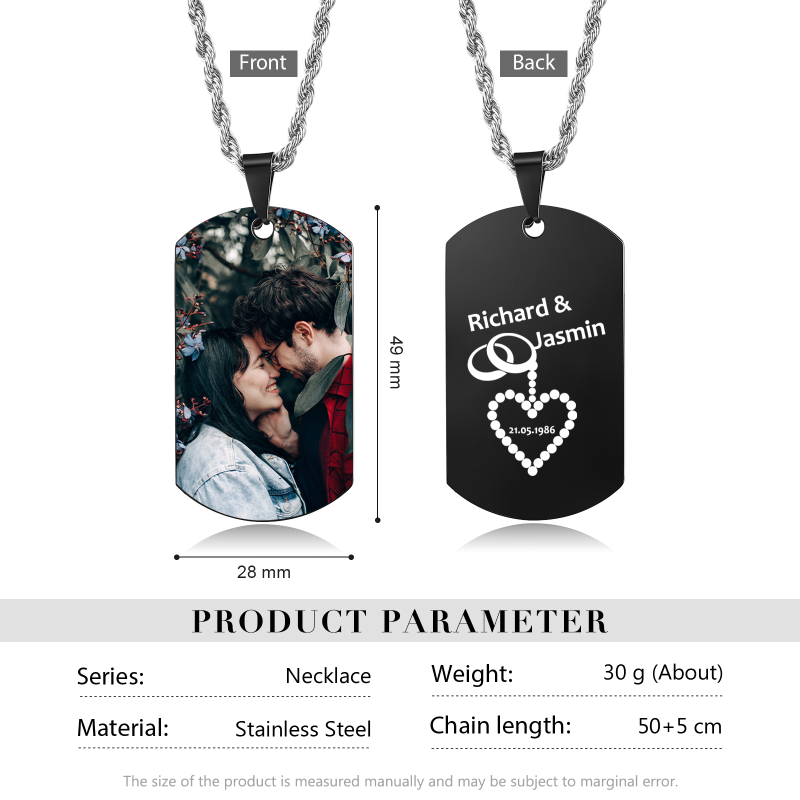 Collar de placa con foto personalizado con 2 nombres, fecha en la trasera para hombre-Jessemade ES