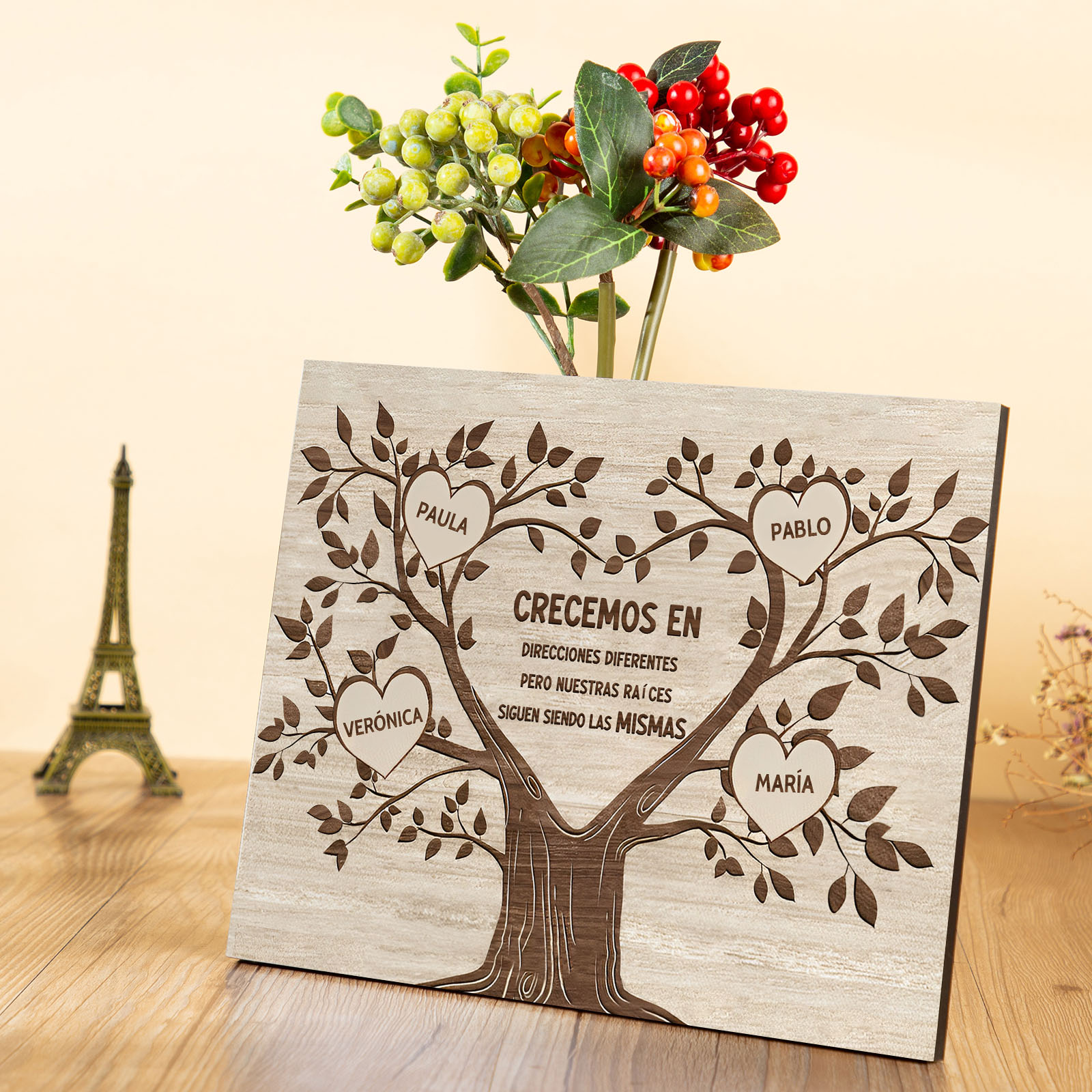 A mi familia-Lámina marco de madera Árbol de la Vida 4 nombres personalizados-Jessemade ES